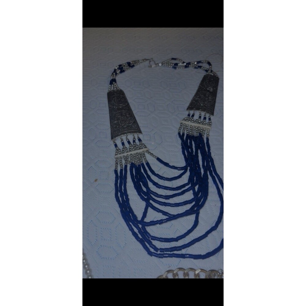 Nepalese Beaded Waterfall Necklace. Blue, Silver Vintage